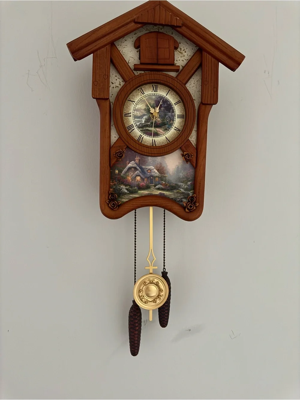 Bradford Exchange Thomas Kinkade Cuckoo Clock 14in Maple Wood Cardinal Quartz